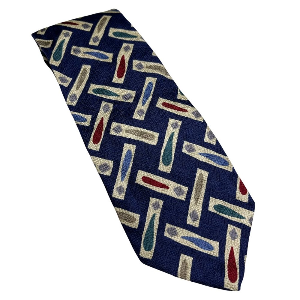 Lands End Men's Designer Silk Tie Navy & Multicolor Abstract Design 58.5" x 3.5"